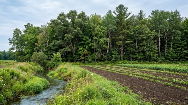 Dense tree planting buffer zones around farmland for soil conservation and biodiversity.