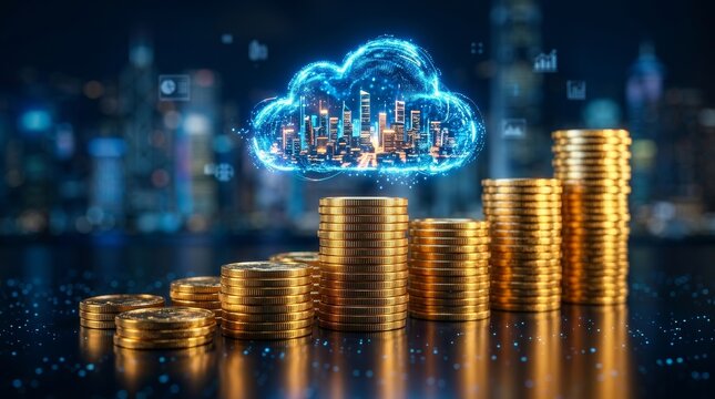 Digital cloud computing concept showing money growth with gold coins and city skyline.