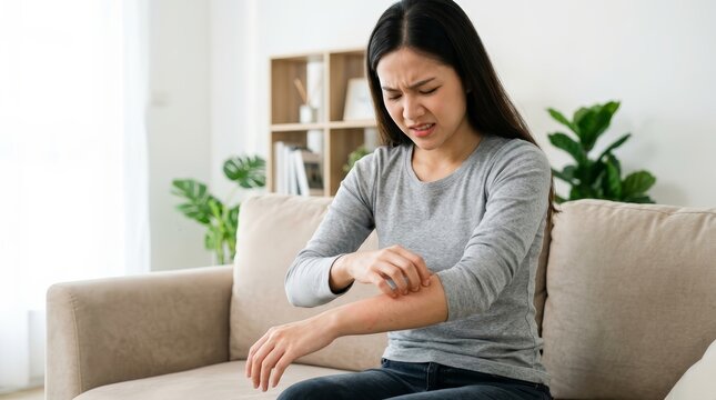 An unhappy woman scratching her arm after an insect bite at home.