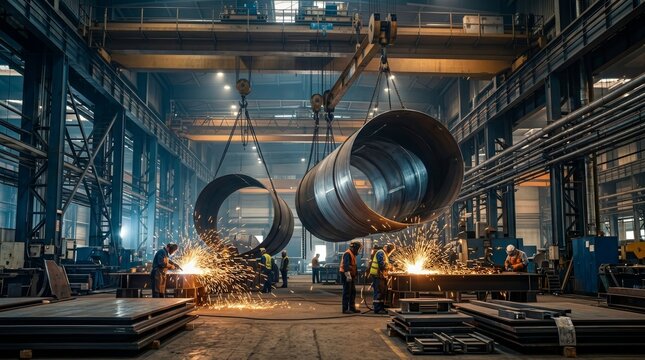 Large overhead cranes lifting heavy steel sections for a liquefied natural gas tank in a busy fabrication workshop.