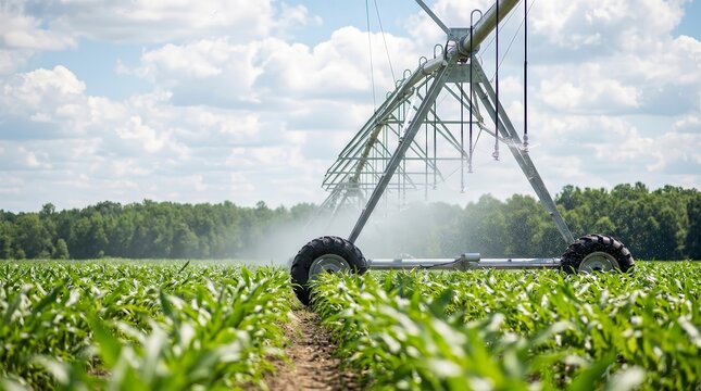 Center pivot irrigation system watering a rich green field under a cloudy sky.