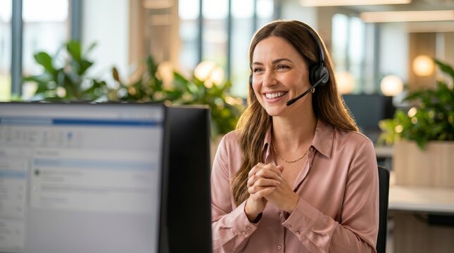 Smiling woman with headset working at a call center for customer service and CRM.