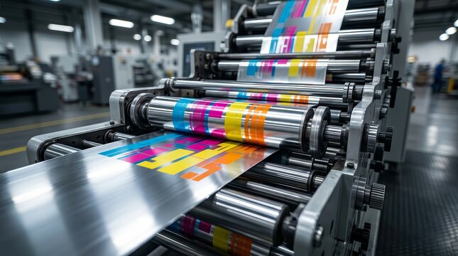 Highspeed flexographic printing presses applying vivid spot colors onto shiny packaging foil in a factory.