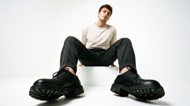 Low-angle fashion portrait of a seated man with legs spread toward the camera, chunky black shoes dominating the foreground, loose dark trousers and a pale top on a bright white seamless studio,
