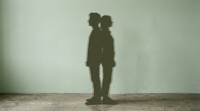 Two overlapping human silhouettes standing back-to-back against a pale sage-green background, conceptual editorial photography, dark olive figures with doubled shadow edges, minimalist composition,