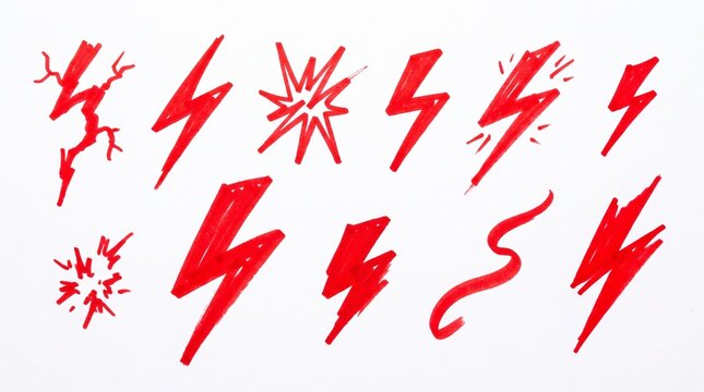 Set of hand drawn red lightning bolt shapes and electric flash icons for creative design projects and art