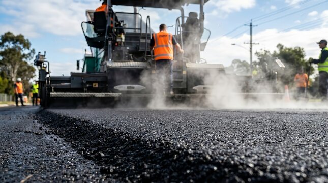 An artistic portrait of the road paving process with a heavy machine emitting a plume of steam.