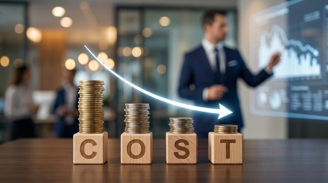 Professional businessman analyzing company cost reduction with descending coin stacks and arrows.