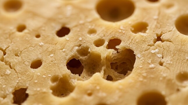 Extreme close-up of the surface of Gruyere cheese showing irregularly shaped holes.