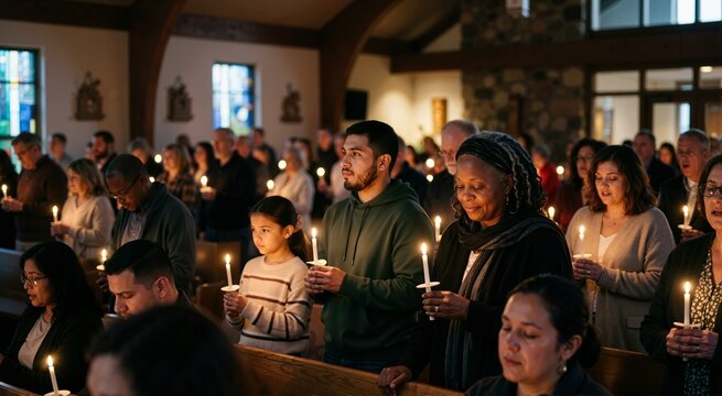 Congregation holding lit candles in dimly lit church sanctuary. People attending Easter Vigil service with candles