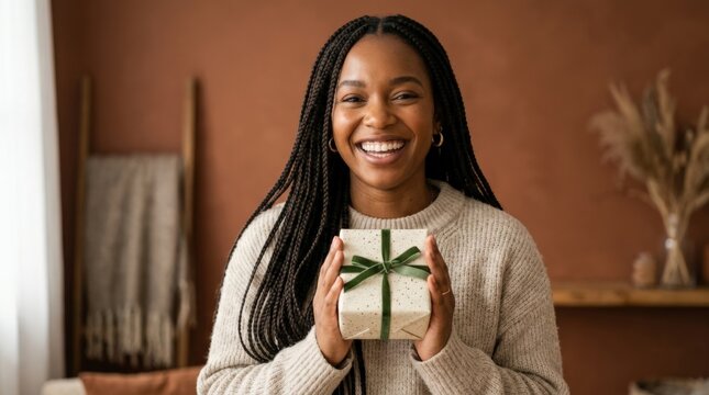 Smiling woman with long braids holding a small wrapped gift box against a warm brown studio background, commercial lifestyle portrait, soft flattering light, cozy neutral clothing, joyful expression,