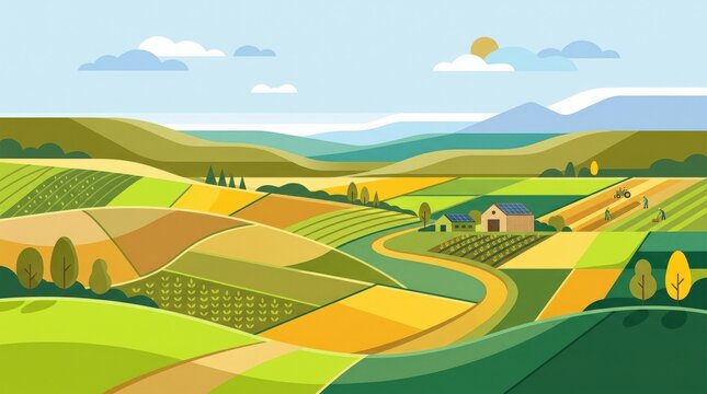 Rolling geometric countryside with bright green fields and distant hills, minimalist landscape illustration, layered flat shapes, lime, olive and golden-yellow palette, clean horizon, soft blue sky,