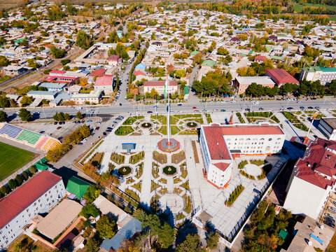Penjikent city aerial panoramic view in Tajikistan