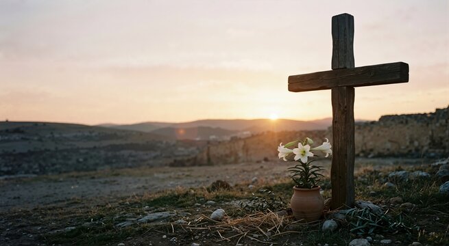Wooden cross and white Easter lily at sunrise. Resurrection and hope concept. Christian background with copy space