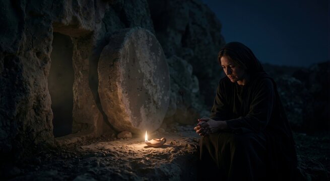 Sorrowful woman praying near stone tomb entrance at night. Christian Easter Holy Saturday concept. Mourning female with glowing oil lamp