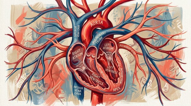 Surreal anatomical heart with large vessels and expressive painterly contours, saturated red, coral, blue and beige palette, editorial medical illustration, tactile brush texture, healthcare and human