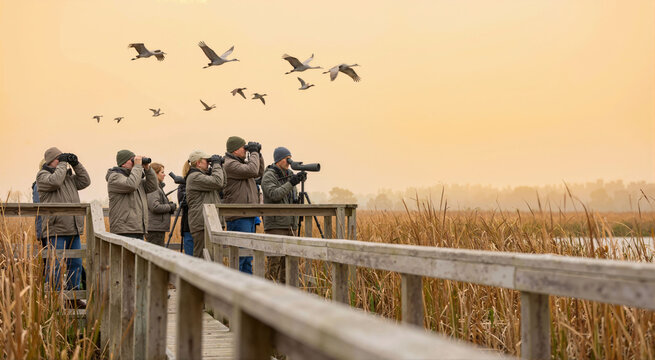 Bird watchers observing migrating cranes from a wooden boardwalk in autumn. Wildlife photography