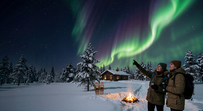 Couple watching aurora borealis over snowy landscape at night. Winter getaway travel theme