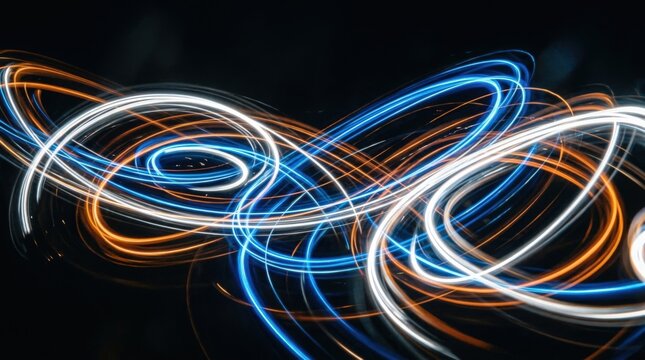 Long-exposure loops of white, orange and electric blue light flowing across a black background, abstract motion photography, fluid luminous curves, deep contrast, energetic futuristic technology and