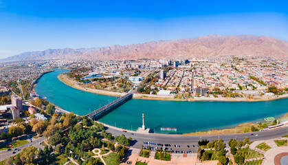 Fototapeta premium Khujand city aerial panoramic view in Tajikistan