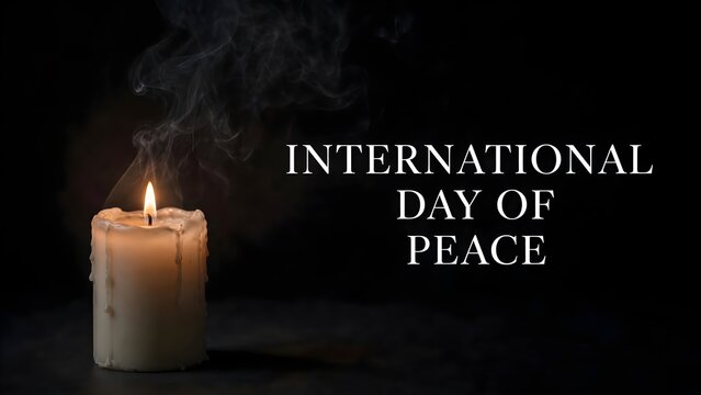 A white candle burns with a soft flame, a minimalist dark background with the elegant text "International Day of Peace".