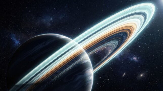 Luminous planetary ring sweeping across dark space, high-end CGI, pale cyan, white, amber and deep navy bands, dramatic curvature, glossy atmospheric glow, futuristic astronomy visualization.