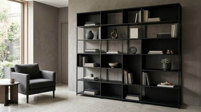 Tall modular black shelving system styled in a minimalist neutral room, premium interior design photography, asymmetrical cubbies with sparse books and d&eacute;cor, charcoal and warm gray palette, soft side