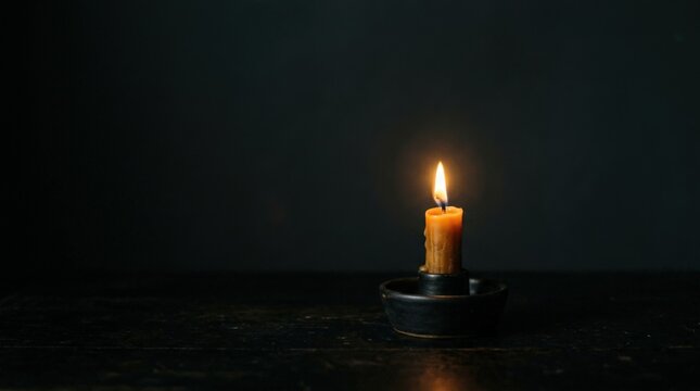 Single small candle burning in darkness, minimalist still life photography, warm ochre wax and tiny golden flame against a nearly black charcoal background, soft halo, deep negative space, quiet
