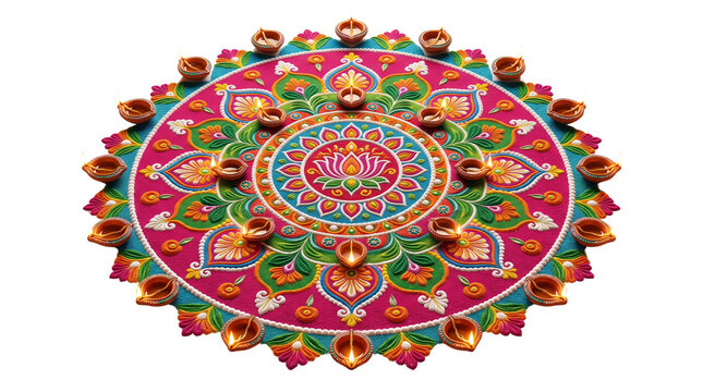 Traditional Diwali rangoli with burning diya oil lamps, colorful floral mandala pattern on white background, festive Indian holiday decoration