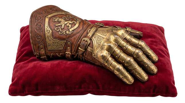 Medieval golden gauntlet on red velvet pillow, ornate knight armor glove with lion crest, antique brass metal hand protection for museum display