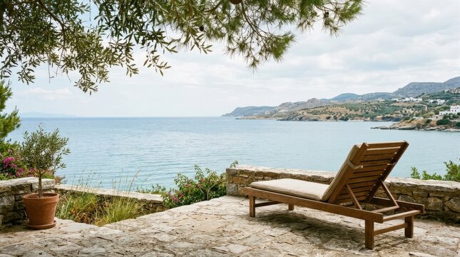 Minimal wooden lounge chair positioned beside a calm blue sea beneath delicate overhanging tree branches, serene coastal travel photography, weathered stone terrace, warm brown timber against muted