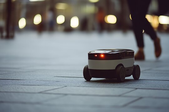 Small autonomous delivery robot with red lights on, moving on a city sidewalk at dusk