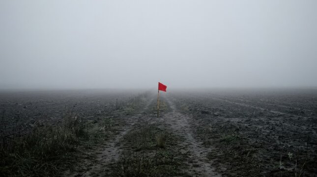 Tiny red flag standing in a vast foggy gray field, minimalist conceptual landscape photography, muted charcoal earth and pale misty sky, strong negative space, single vivid scarlet accent, themes of