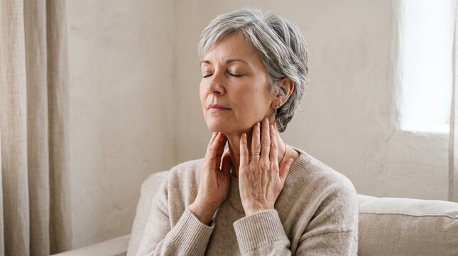 Middle-aged woman with eyes closed practicing neck self-massage in neutral living room