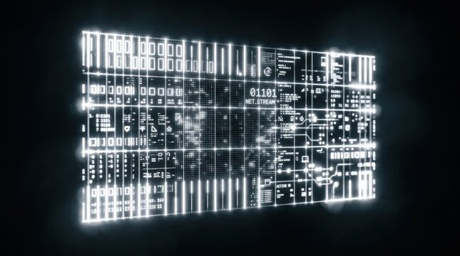 Glowing rectangular LED light grid emerging from a dark black background, abstract technology photography, white luminous bars and dotted texture, high contrast, soft bloom, digital display, data,