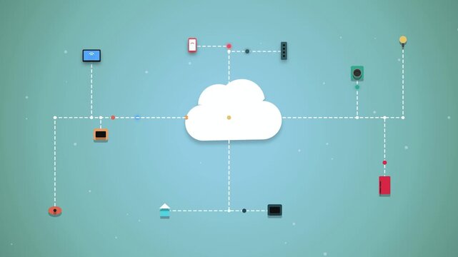 Digital cloud computing network connecting various smart home electronic devices motion Graphics