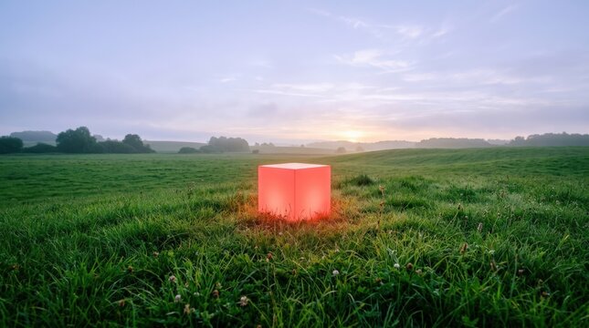 Glowing coral-red cube positioned in a lush green field at dawn, minimalist surreal landscape, pale blue-lilac sky, soft haze, low horizon, saturated complementary colors and polished conceptual