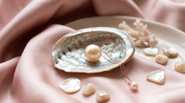 Luminous pearl displayed inside a translucent iridescent seashell resting on blush satin, luxury still-life photography, soft pink, champagne, opal and cream palette, dreamy highlights, tactile silky