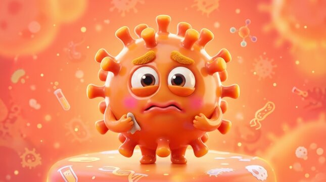 Cute orange virus monster with soft spikes, large eyes and a humorous worried face, centered 3D character illustration against a saturated orange background, glossy rubber-like material, warm coral