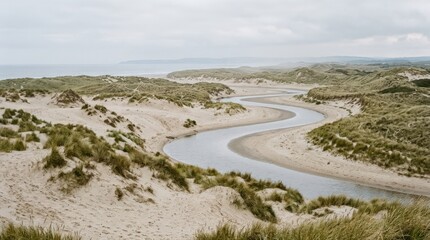 Fototapeta premium Winding tidal stream meandering through pale coastal dunes, serene landscape photography, muted beige sand, soft gray water and sparse olive grasses, overcast diffuse light, gentle atmospheric haze,