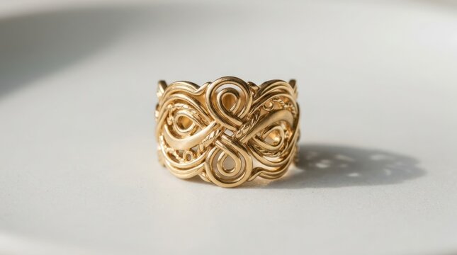 Wide interwoven gold statement ring with ornate looping bands on a clean pale surface, premium jewelry product photography, warm metallic gold and soft gray-white palette, crisp detail, gentle