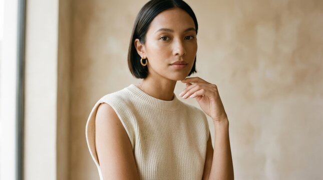 Cropped fashion portrait of a woman wearing a structured cream sleeveless knit top, minimalist editorial photography, warm beige background, clean sculptural silhouette, soft skin tones, subtle gold