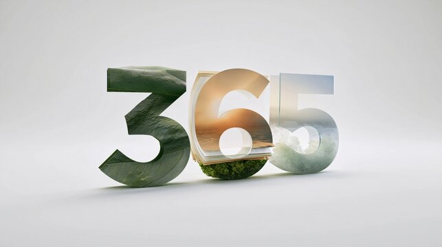 Digits 365 crafted from nature-inspired elements show the yearly cycle in a simple studio background with clear readability and negative space.