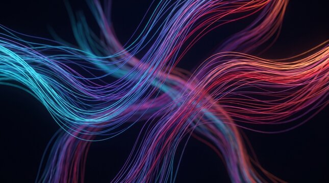 Dynamic luminous strands create futuristic data visualization for tech presentations with vibrant color gradients