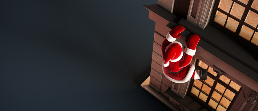 Santa Claus climbing on building at night to deliver the presents. Christmas banner design with copy space. 3D Rendering, 3D Illustration