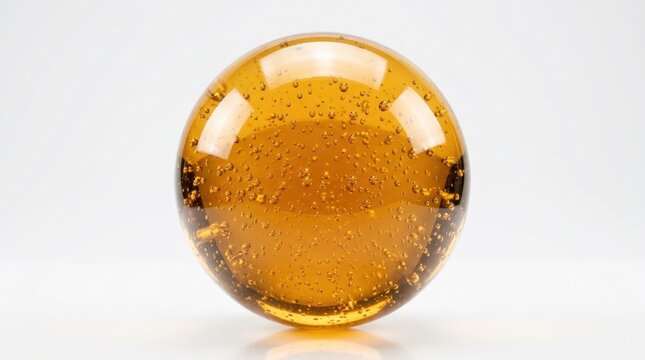 Huge translucent amber sphere with tiny suspended bubbles filling a clean white composition, abstract macro product photography, honey-gold gradient, glossy surface, bright softbox reflections and