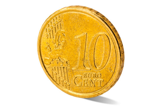 Detailed macro shot of a shiny ten euro cent coin, standing vertically on an edge against a clean white background, highlighting the geographic map of Europe and the numerical value.