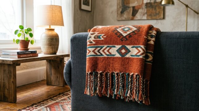 Warm rust-orange woven throw with cream, teal and dark brown geometric motifs folded over a charcoal sofa arm, premium textile photography, saturated earthy palette, soft side lighting, detailed