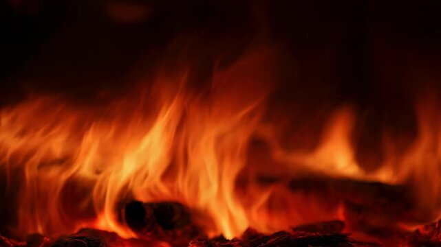 Burning fire flames with glowing coals and sparks in darkness. Close up of orange fire in fireplace.