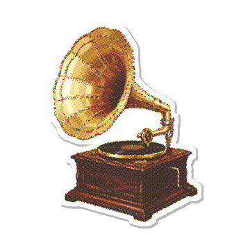 Vintage gramophone with a large horn speaker on wooden base halftone vector illustration